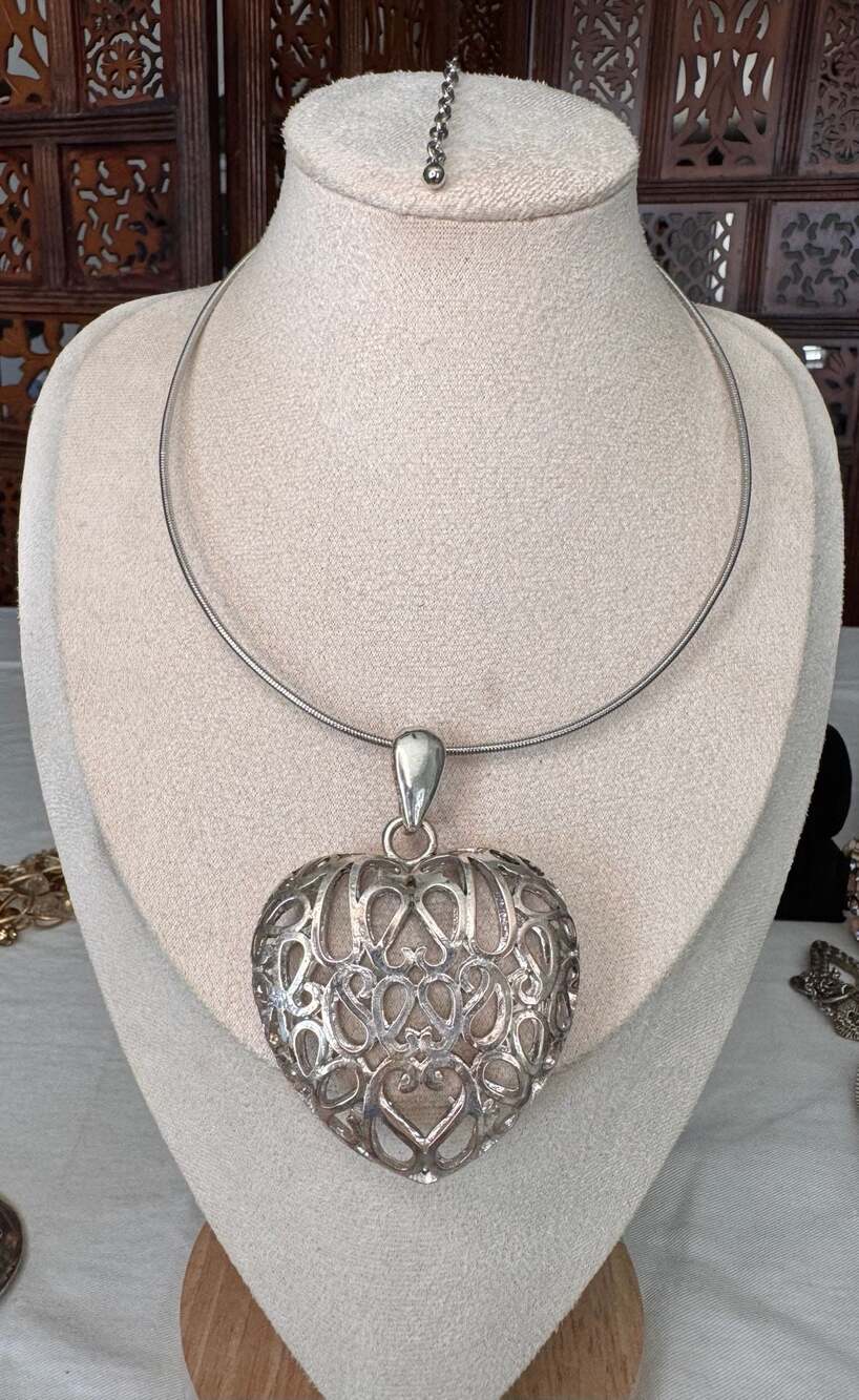 Brighton inspired Puffy Filigree Heart Pendant on Omega Chain